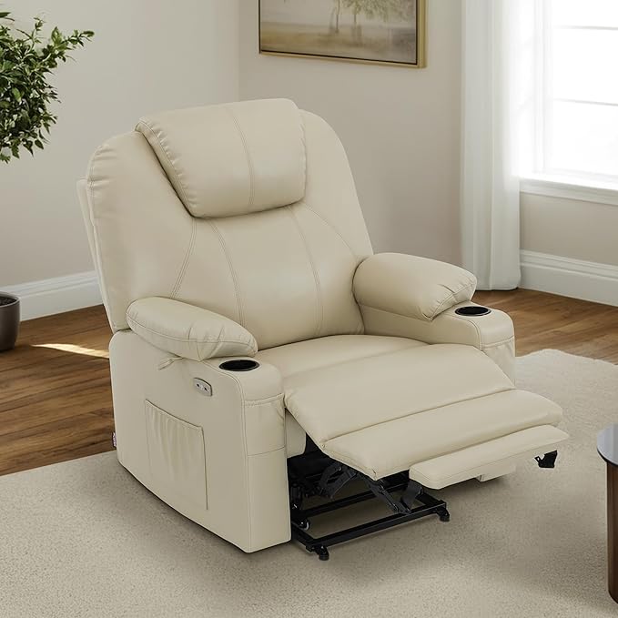 MCombo Oversized Power Lift Recliner Chair for Elderly, Lift Chair with Heat and Massage for Big and Tall, USB&Type C Ports, Cup Holders, Faux Leather R7510 (Cream White, Large-Wide)