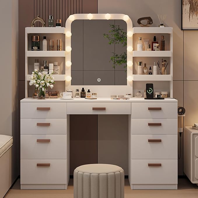 Makeup Vanity with Mirror and LED Lights, Vanity Desk Table with 9 Drawers, 6 Storage Shelves with Protect Panel, Power Outlet and 3 Color Modes Available for Bedroom Dressing Room, White