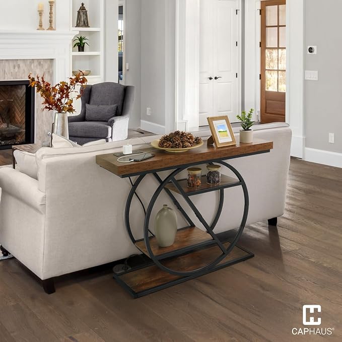 CAPHAUS 41” Unique Design 4-Tier Industrial Thick Sofa Console Table w/Storage & Charging Station, Entrance Tableau w/ 2 Outlets, USB & Type-C Ports for Living Room, Hallway, Rustic, Hourglass