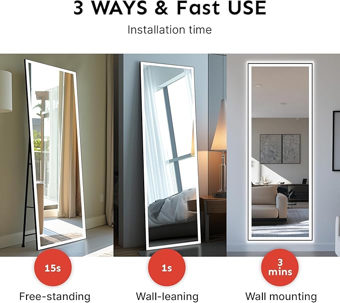 Kosmonia 72x24 Full Length Mirror, Dimmable 3 Color LED Light w/Light Memory, Distortion Free Silver Coating Mirror, HD Reflection &Anti Desilvering,Tempered Glass &Shatter Proof Film Doubles Safety