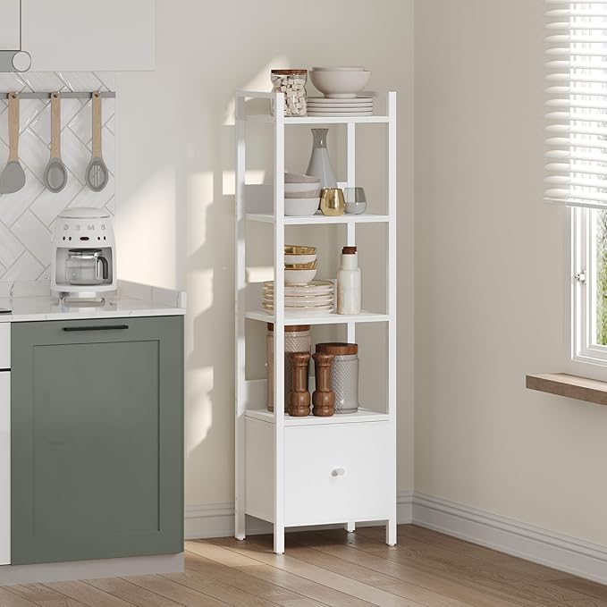 Bookshelf, 5-Tier Bookcase with Drawer, Small Book Shelf for Small Space, Storage Shelf Organizer, for Living Room, Bedroom, Study, Kitchen, White BKWT55101