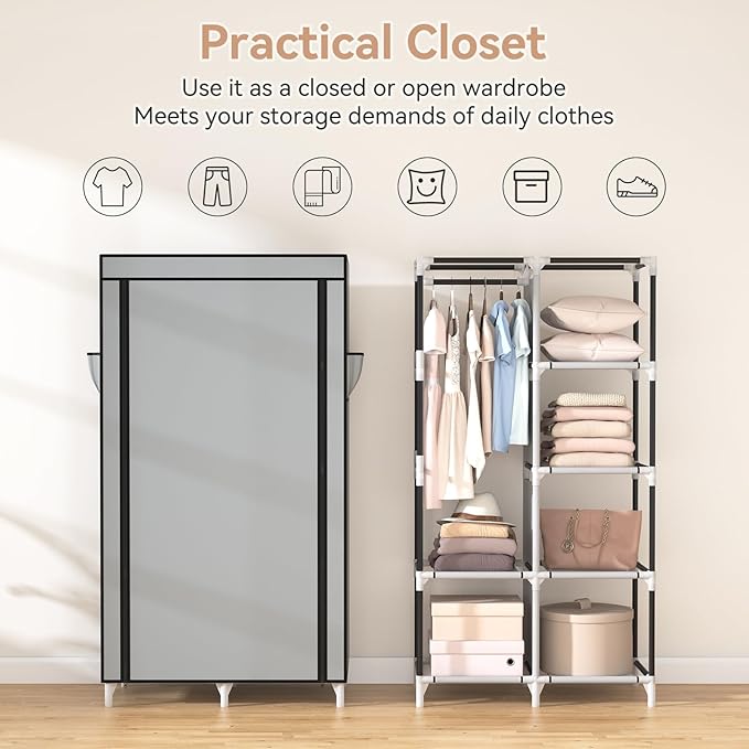 ROJASOP Portable Closet Wardrobe Closet for Hanging Clothes with 6 Storage Shelves, 1 Hanging Rod and 4 Pockets, Clothes Organizer and Storage Wardrobe Free Standing Closet for Bedroom, Grey