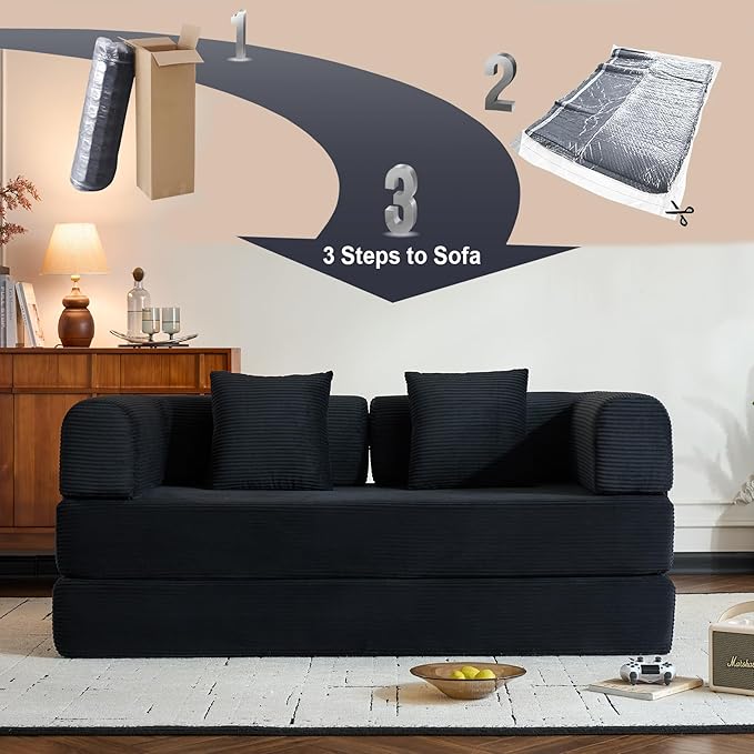 Convertible Sleeper Sofa Bed with Fixed-Shape Frame, Corduroy Folding Boneless Couch with Cylindrical Pillow, Comfy Floor Sofa Couch for Living Room, No Assembly Required, Black