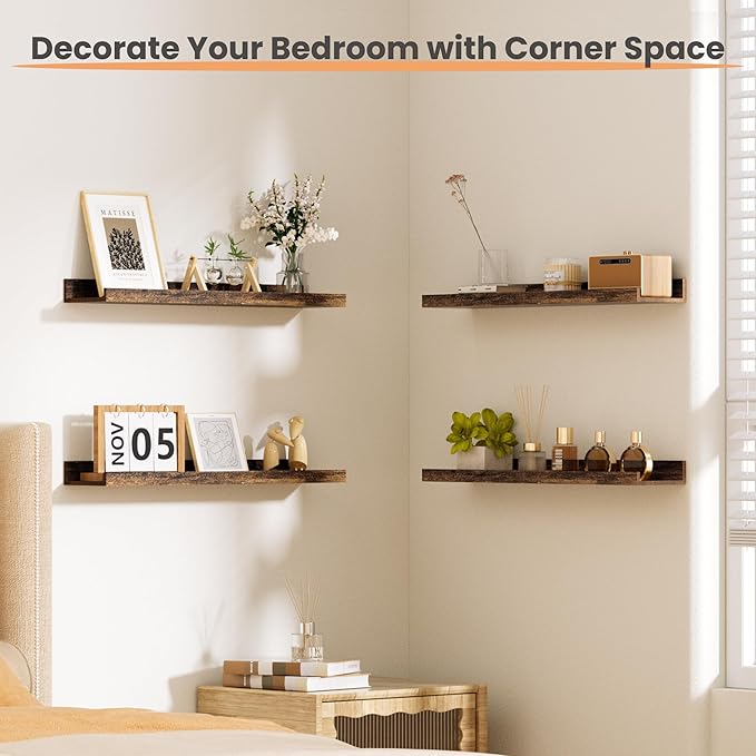 upsimples Floating Shelves for Wall, 23.6 Inch Shelves for Decor Storage Set of 6, Wall Mounted Wood Shelf for Bedroom, Living Room, Bathroom, Kitchen, Long Picture Ledge Shelves, Brown