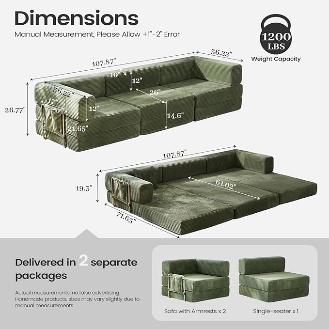 Folding Sofa Bed Convertable Corduroy Couch King Size Floor Sleeper 4-in-1 DIY Combination Modular Sofa Fold Out Futon Lounge Comfy Foldable Lazy cama for Living Room (Green)