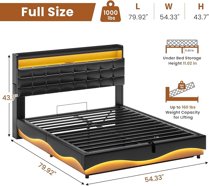 ADORNEVE Lift Up Storage Full Size Bed Frame with Type-C Charging Station& Hidden Storage Headboard, LED Lights Upholstered Platform Bed,Full Bed with Hydraulic, No Box Spring Needed,Black