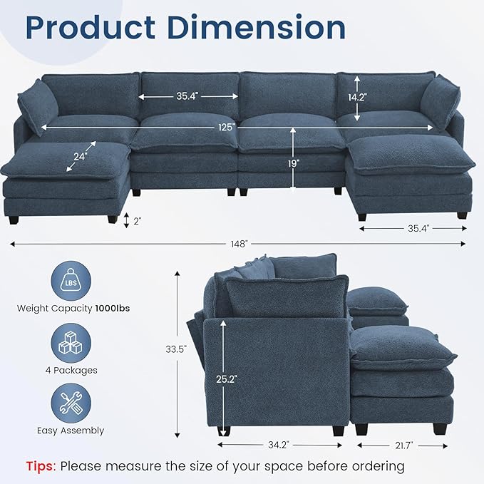 ROWHY Oversized Modular Sectional Couch with 2 Movable Ottoman, 148" Modern Convertible U Shaped Sofa Set, 4 Seat Comfy Cloud Couch with 2 Throw Pillows, for Living Room, Chenille, Royal Blue