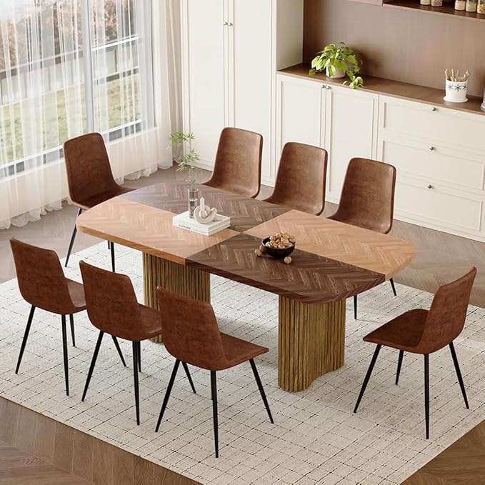 79" Large Dining Table Set for 8, Rectangular Wood Dining Room Table with 8 Suede Upholstered Chairs, 1.7" Thick Two-Color Wood Top & Sculpted Wave Legs, Modern Farmhouse Kitchen Table and Chairs Set