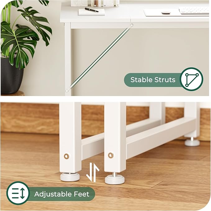 Huuger Computer Desk, 70 Inch Office Desk, Gaming Desk with Storage, Writing Desk Work Desk for Home Office, Study, Long Simple Desk, Large Legroom, Metal Frame, White