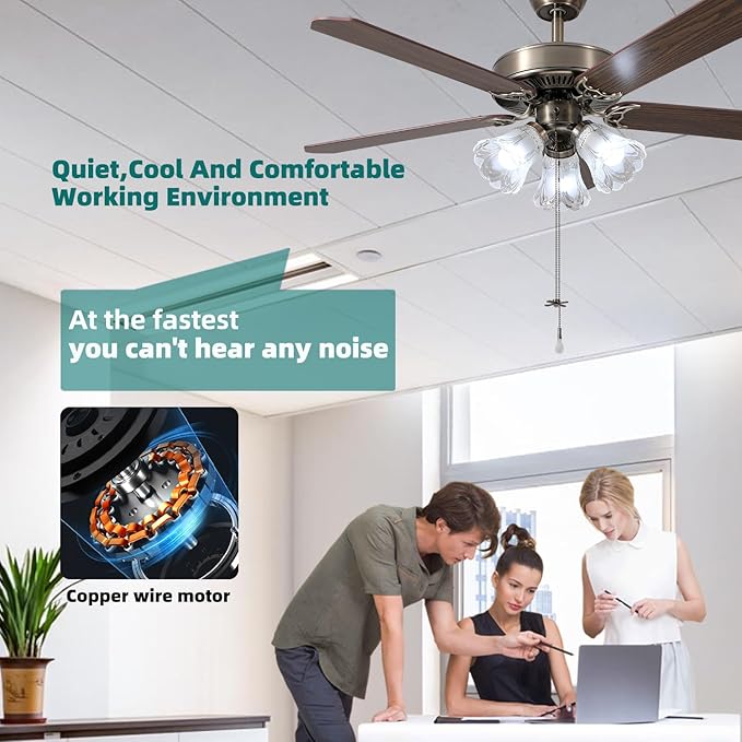 52 Inch Indoor Ceiling Fan with Pull-Chain and Three LED Light Bulbs Base, Traditional 3-Speeds Reversible Blades Ceiling Fan (Antique)