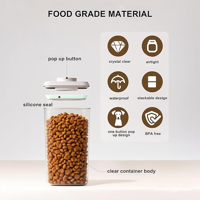 3-5 Lbs Dog-Cat Pop Treat - Airtight Jar - Pet Food Storage Container for Kibble & Treats, 4L/4.2qt with 130ml/0.14qt Half Scoop Stackable Pop Lid Plastic Container with Lid