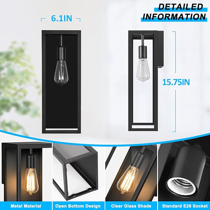 VerRon 2-Pack Outdoor Wall Lanterns, 16” Exterior Waterproof Outdoor Lights with Glass Shades, Black Porch Lights Wall Mounted, Anti-Rust E26 Modern Lighting for Patio Garage Entryway Front Door