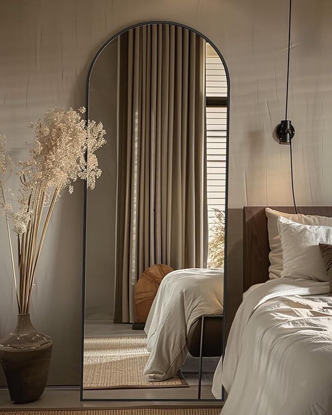 Full Length Mirror, 58"x18" Arched Floor Mirror Freestanding, Floor Standing Full Body Mirror with Stand for Bedroom, Hanging Mounted for Living Room Cloakroom, Black