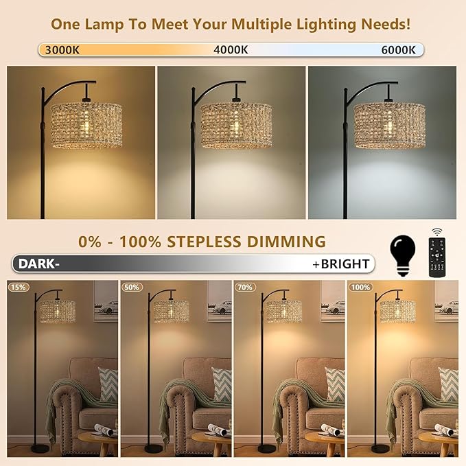Arc Floor Lamp for Living Room with Remote Control,Farmhouse Boho Floor Lamps with 3 Color Temperature,Rustic Standing Lamp with Rattan Wicker Shades,Adjustable Tall Lamp for Bedroom,Office,Reading