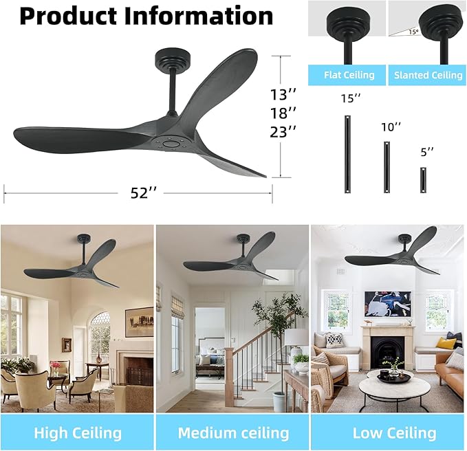 Smart Ceiling Fan no Light, 52 Inch Outdoor Ceiling Fan Without Light, Compatible with Alexa/Google/App, 3 Solid Wood Blades, Modern Wood Fan for Patio, Bedroom, Living Room, Black