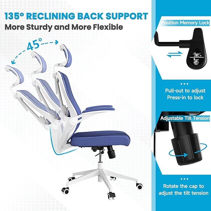 Ergonomic Office Chair - 400LB Comfy Desk Chairs with Adjustable Headrest and Lumbar Back Support, Mesh Computer Chairs with Wheels and Arms for Home Office, Study, Bedroom and Dorm (04blue)
