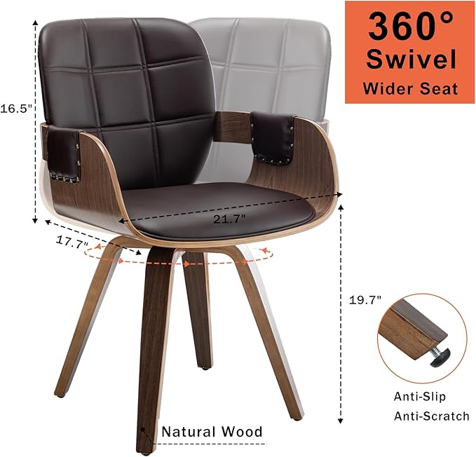 Set of 1 Mid Century Modern Chair - Swivel Dining Chair with Arms and Curved Back, Faux Leather Reception Room Chairs, Ideal for Kitchen/Living Room/Reception/Desk (Coffee Brown)