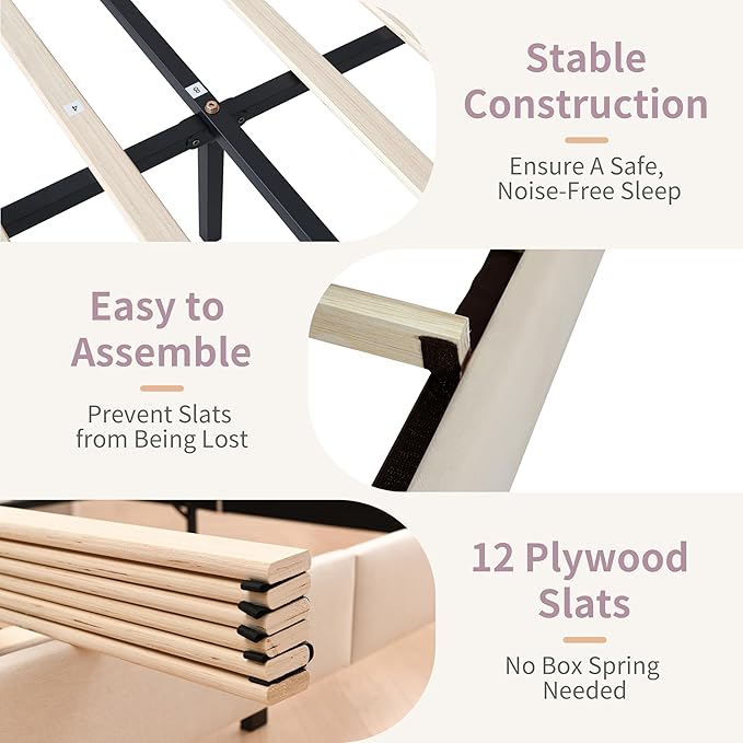 Full Size Upholstered Platform Bed Frame with Modern Wingback & Vertical Panel Headboard, Velvet Fabric, Wooden Legs & Slats Support, No Box Spring Needed, Noise-Free & Easy Assembly, Cream
