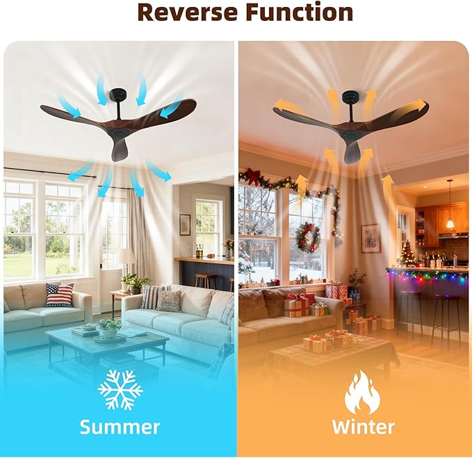 Smart Ceiling Fan no Light, 52 Inch Outdoor Ceiling Fan Without Light, Compatible with Alexa/Google/App, 3 Solid Wood Blades, Modern Wood Fan for Patio, Bedroom, Living Room,Dark Walnut