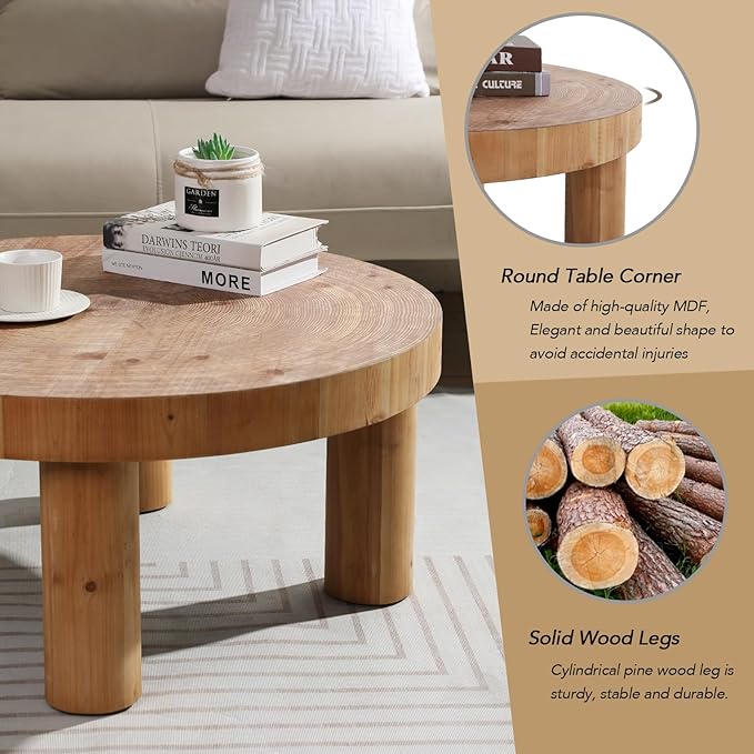RUSTOWN 2-Piece Round Farmhouse Coffee Table, Rustic Coffee Table Sets, Circle Wooden Ring Finish with Solid Wood Legs, Center Tables Set for Living Room (Natural)
