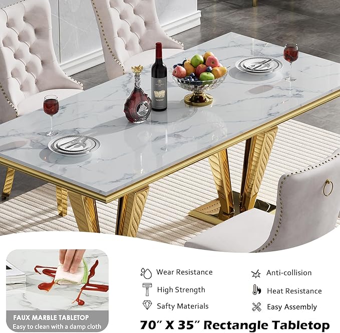 70" Faux Marble Dining Table Set for 6, 7-Piece Dining Set with White Gold Kitchen Table and 6 Velvet Tufted Chairs, Modern Rectangular Dining Room Table with Diamond-Shape Stainless Steel Base