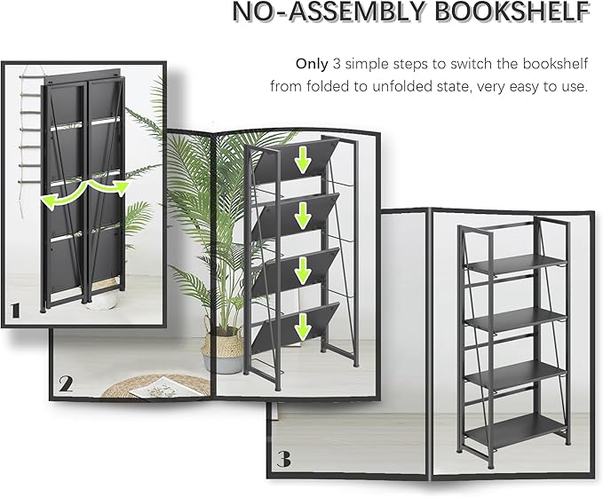 4NM No Assembly Folding Bookshelf Storage Shelves 4 Tiers Vintage Bookcase Standing Racks Study Organizer Home Office (All Black)