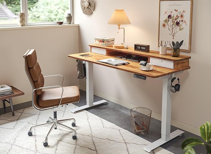 FEZIBO 63 x 28 Inch Deeper Height Adjustable Electric Standing Desk with Double Drawers, Sit Stand Up, Home Office Computer Desk with 4 Height-Adjustable Feets & 2 Hooks, White Frame/Light Rustic Top