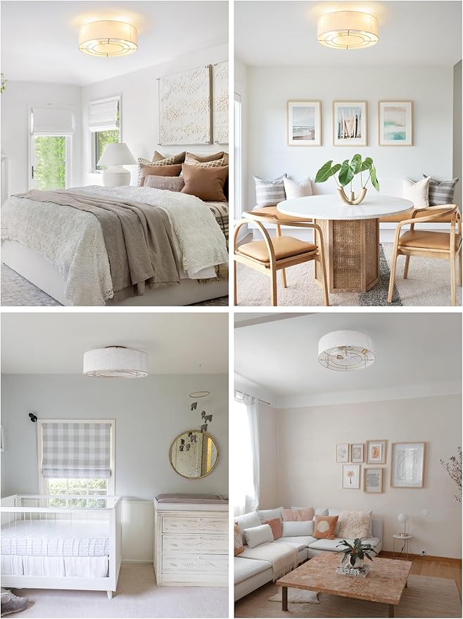 Ceiling Fans with Lights, 20" Boho Ceiling Fan with Light Flush Mount, Drum Rattan Low Profile with 6 Speeds, Remote Control for Bedroom, Nursery, Living Room