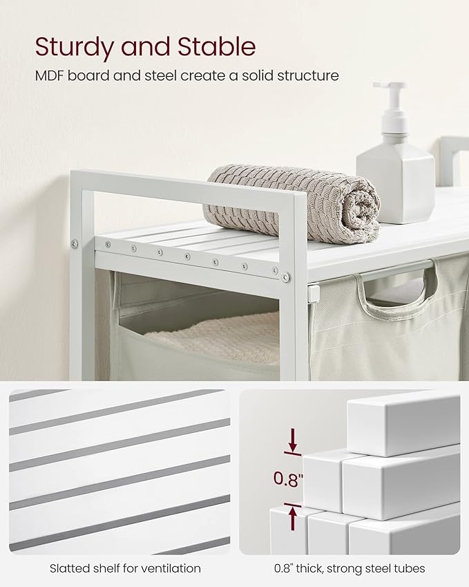 VASAGLE Laundry Hamper, Laundry Basket, Laundry Sorter with 2 Pull-Out and Removable Bags, Shelf, Metal Frame, 2 x 12.1 Gallons (46 L), 28.8 x 13 x 28.4 Inches, Cream White and Cloud White UBLH201W01