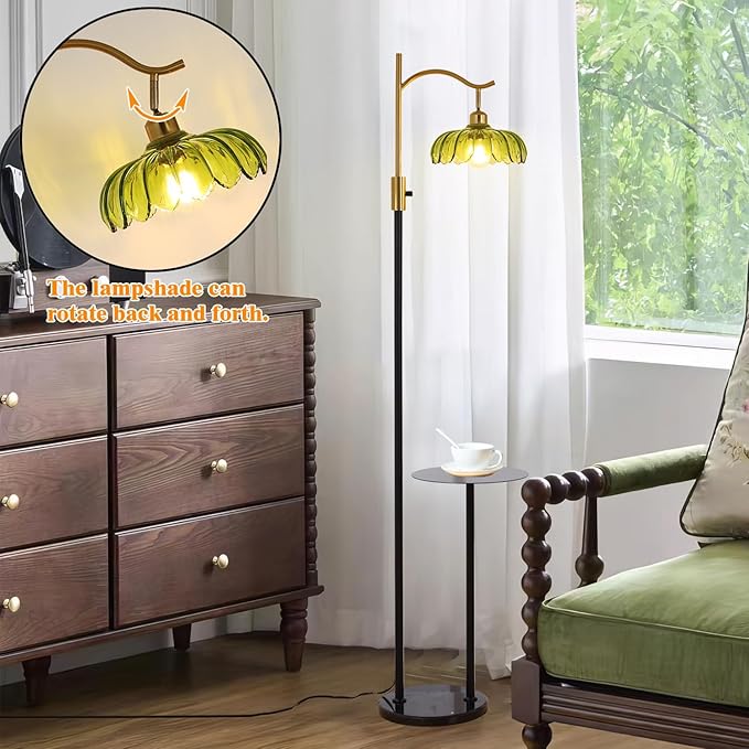 Vintage Dimmable Arc Floor Lamp with Side Table and Marble Base, Farmhouse Standing lamp with Green Glass Lampshades for Living Room Bedroom