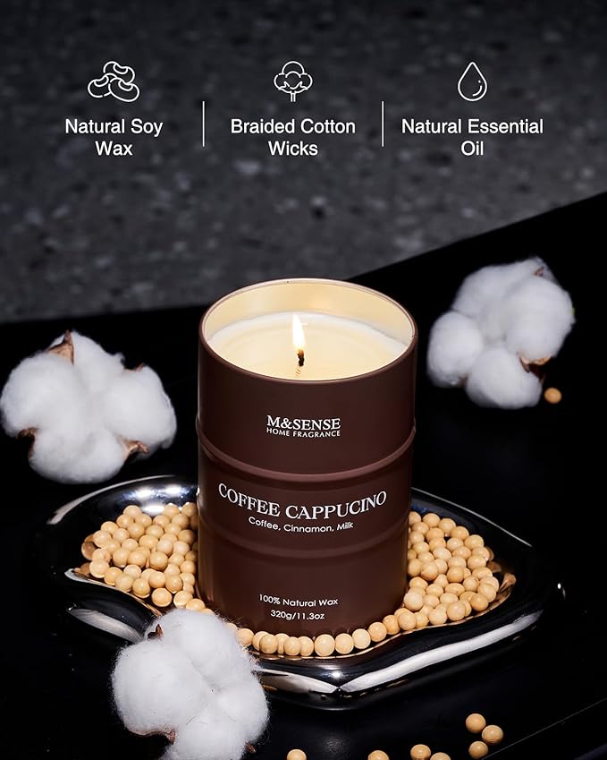 M&SENSE Coffee Cappucina Scented Candles, Christmas Soy Wax,Christmas Decor Candle 11.3oz 70 Hours Long Lasting Burning, Strong Coffee Aroma Candle Unique Housewarming Appreciation Gifts