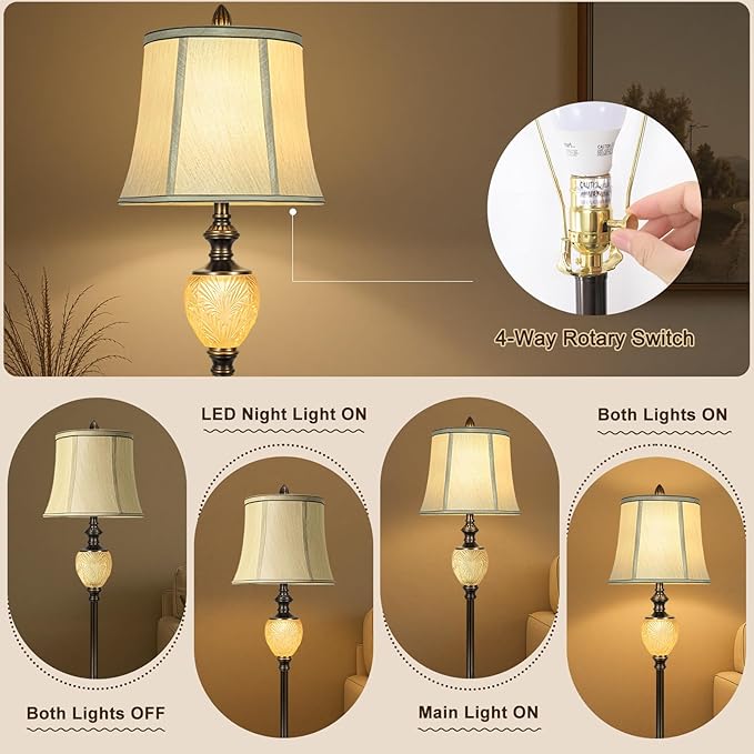 Vintage Floor Lamp with Nightlight, 64" Tall Lamp with Beige Faux Silk Shade, Rotary Switch, Farmhouse Design Brown Standing Lamp for Living Room Bedroom Office Dining Room Corner (LED Bulb Included)