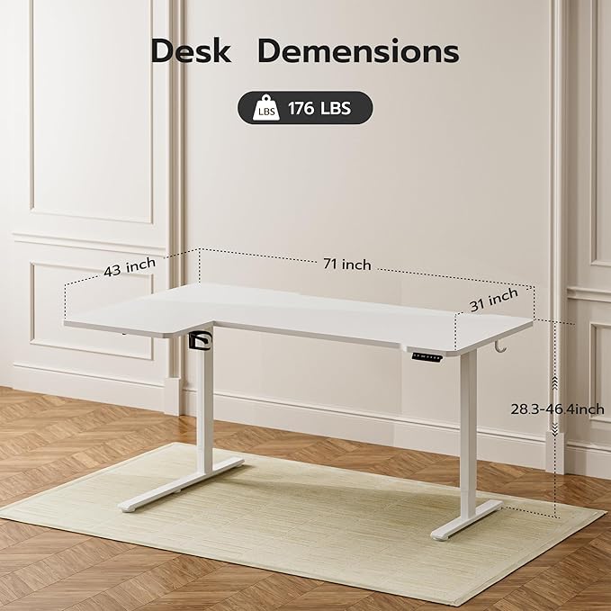 71" Reversible L-Shaped Electric Standing Desk Adjustable Height Gaming Stand Up Corner Desk Sit Stand Home Office Computer Desk with Splice Board, White