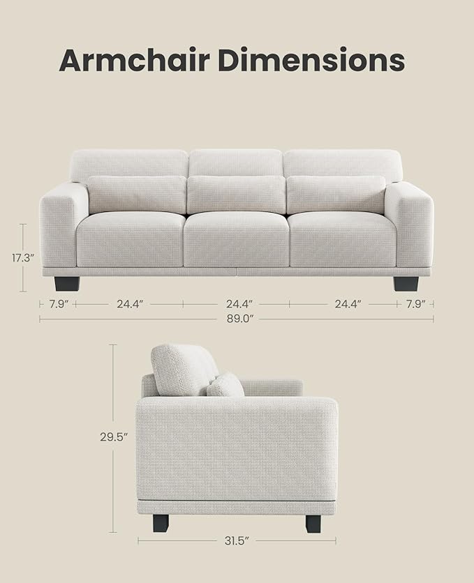 Amada 89" Sofa, 3 Seater Couch Sofa for Living Room, Modern Sofa with Deep Seats & Wide Armrests, Comfy Couch with Removable Washable Covers & Linen Fabric, Easy Assembly