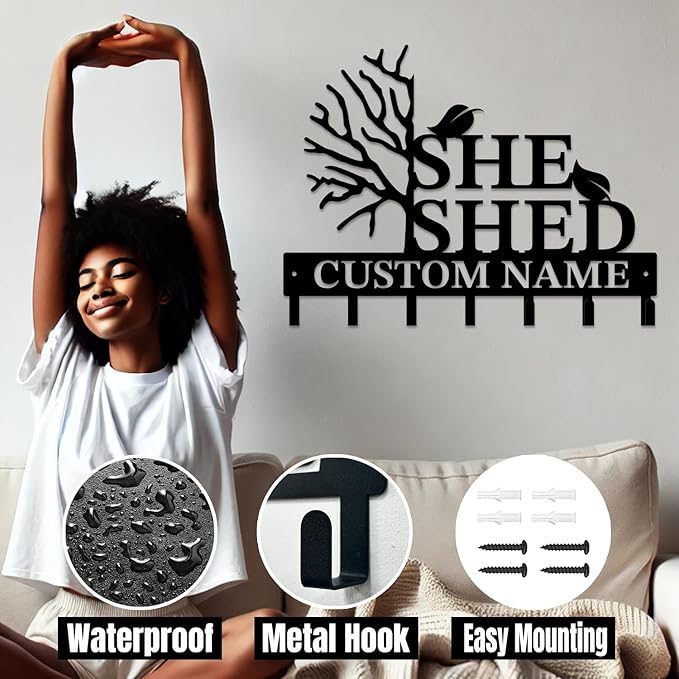 Personalized She Shed Keys Hooks,Custom Name Metal She Shed Art Keys Hooks,Metal She Shed Lover Wall Home Storage Decorative Keys Hooks,Key Holder Hooks for Wall (Style F)