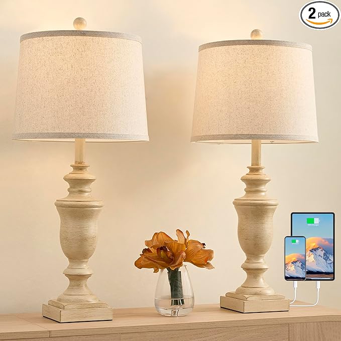27.5" Vintage Farmhouse Table Lamps Set of 2 Bedside Lamp, 3 Way Dimmable Bedroom Lamps with 2 USB Ports +AC Outlet Nightstand Lamp Rustic Lamp (Rotary-Antique Beige)