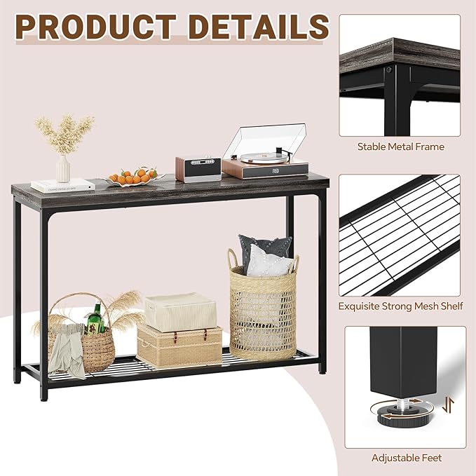 47" Console Table with Storage, 2 Tier Narrow Entryway Table, Sofa Table with Mesh Shelves, Console Tables for Living Room, Bedroom, Hallway, Entryway, Foyer, Oak Grey