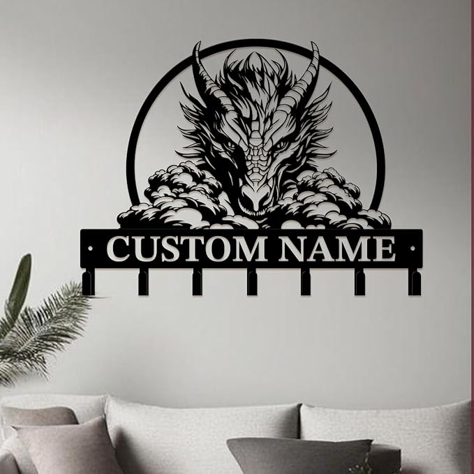 Customized Name Key Hook - Evil Dragon Design Keys Holder Decor Black Iron Metal Wall Organizer for Home & Office (Multiple Sizes) (Style E)