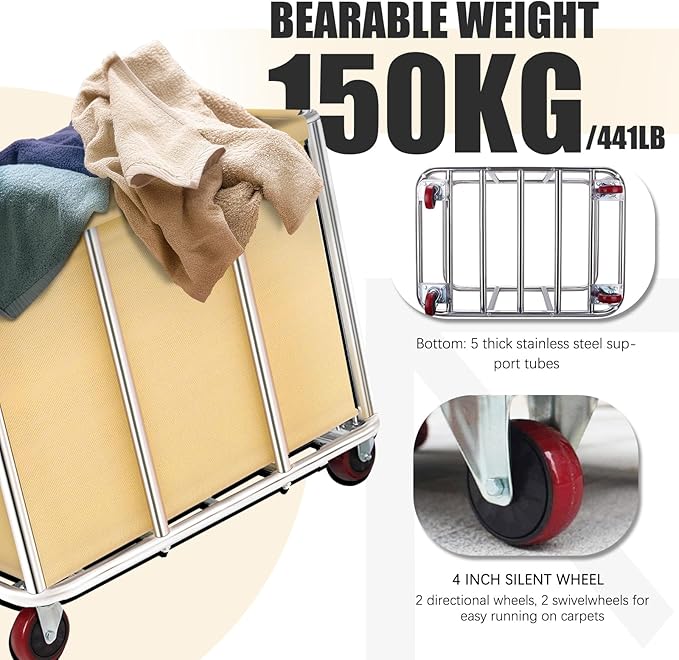 Commercial Laundry Cart with Wheels, 11.35 Bushels Large Roller with Removable Waterproof Canvas Lined Basket, Heavy Duty Stainless Steel for Hotels and Hospitals