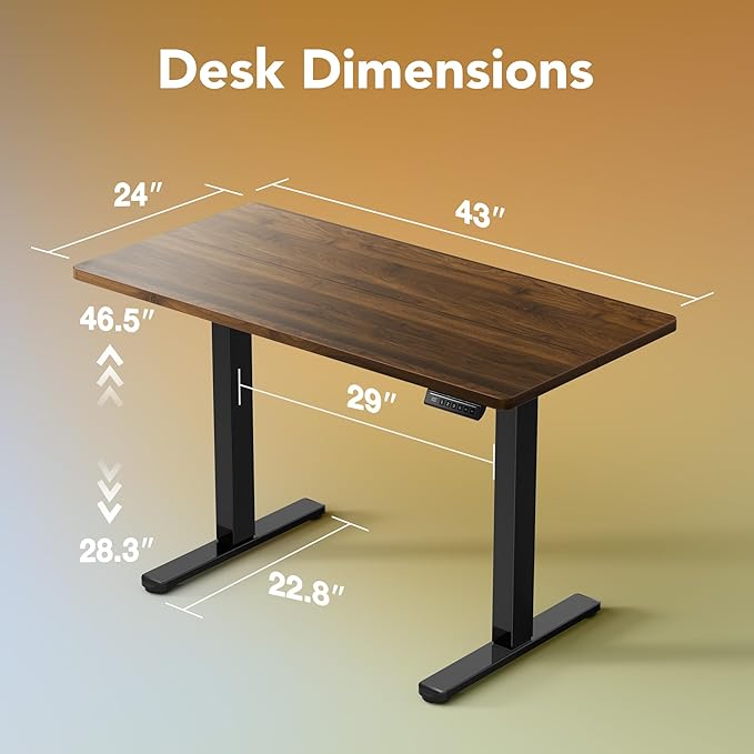 HUANUO 43 x 24 inch Electric Standing Desk Adjustable Height, 4 Memory Height Settings, Sit Stand Up Desk for Home Office & Computer Workstation, Black Walnut