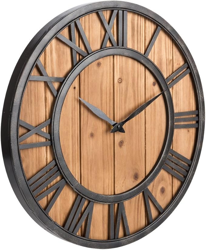 Oldtown Farmhouse Metal & Solid Wood Noiseless Wall Clock (Wood, 18-inch)