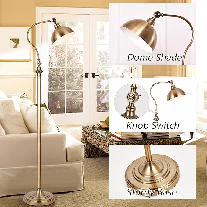 MIXL-Antique Bronze Arched Floor Lamp,Dome Shade Adjustable Standing Lamp,Flexible Behind The Couch Lamp,Vintage Style Floor Light for Study Room Nursery and Bedside
