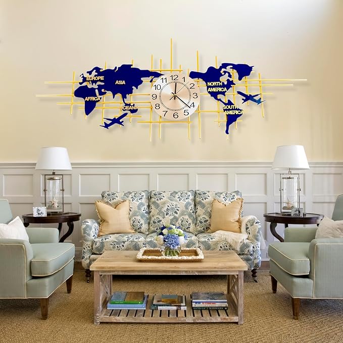 37.8 Inch Modern World Map Wall Clock, Silent Quartz 3D Design, Large Handmade Iron Frameless Decorative Clock for Living Room, Bedroom, Kitchen, Office (Small)