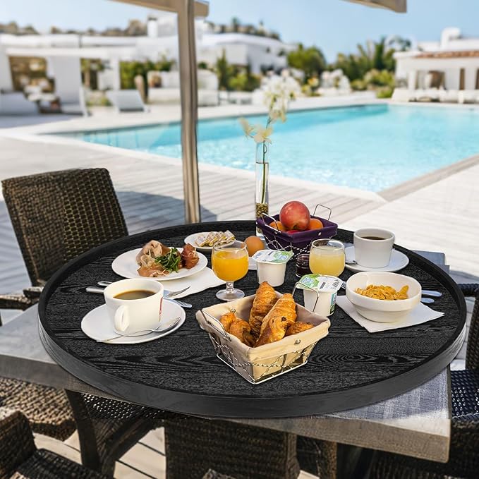 30 inch Round Solid Wood Serving Tray Extra Large Tea Coffee Snack Food Meals Serving Plate Non-Slip Kitchen Party Bar Server Ottoman Tray Breakfast Tray with Raised Edges Black