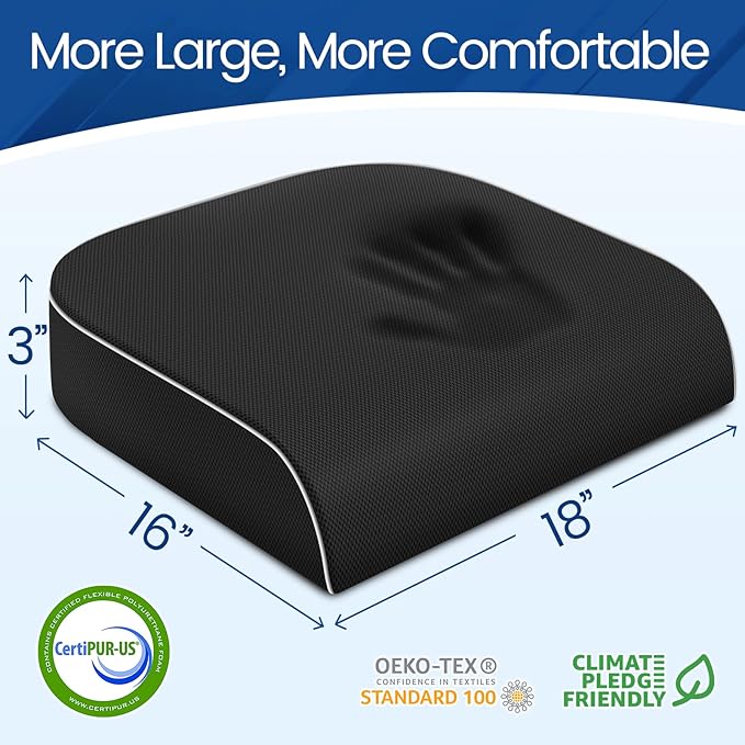 Seat Cushion for Tailbone Pain Relief, Office Chair Cushion, Memory Foam Large Chair Cushion with Non-Slip Cover for Soft Support at Office Chair, Car Seat, Airplane Black/Large