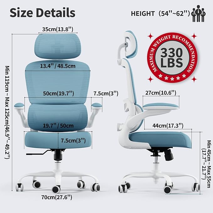 TRALT Office Chair Ergonomic Desk Chair, 330 LBS Home Mesh Office Desk Chairs with Wheels, Comfortable Gaming Chair, High Back Office Chair for Long Hours (Sky Blue)