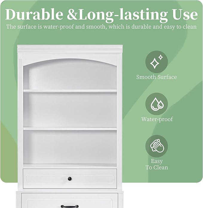 Tall Cabinet with 2 Drawers and Doors, Multi-Functional Storage Unit/Bookcase, Kitchen Cabinets, Pantry Cupboard for Living Room/Home Office/Bathroom, White