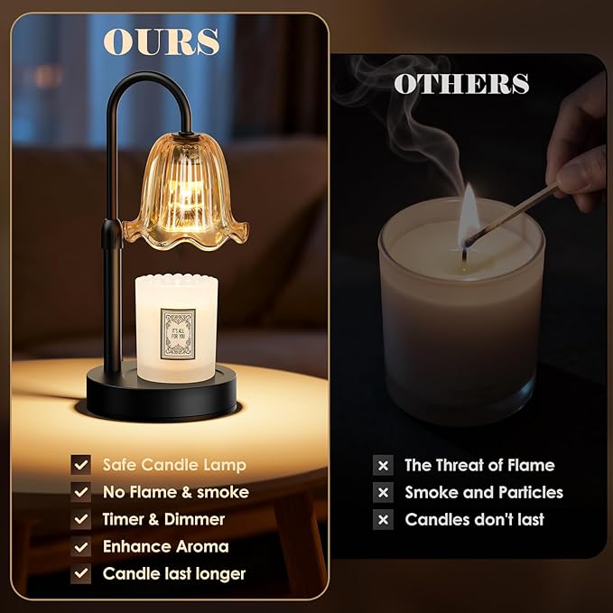 Candle Warmer Lamp with Timer, Birthday for Women Mom, House Warming Gifts Modern Farmhouse Home Decor, Dimmable Wax Melt Warmer for Jar Candles with 2 Bulbs (Amber)