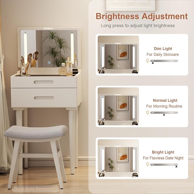 Solid Wood Small Vanity Desk with Mirror and Lights, Narrow Makeup Vanity for Small Space, Flip Top Vanity Side Table, 3 Color Modes & Adjustable Brightness, 19.6" Slim Dressing Table, White