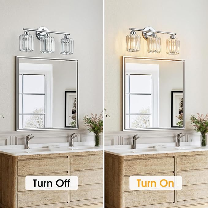 Modern 3 Light Crystal Vanity Light, Chrome Vertical Bathroom Light Fixture Over Mirror for Dressing Table Sink, Compatible with Dimmable Bulbs (Bulbs Not Included)